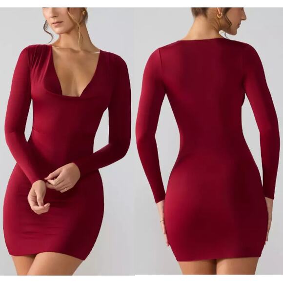 NWT Oh Polly Oakley Jersey Long Sleeve Plunge Neck Bodycon Mini Dress Ruby Sz 0 - Picture 1 of 6
